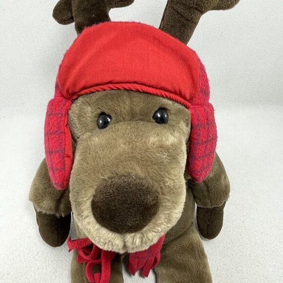 Vintage Eddie Bauer Deer Moose Plush 20” Christmas Winter Red Hat Scarf Antler - Picture 6 of 10